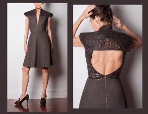 beautiful brown denim dress with lazor cut leather back, sides, open back, clothing manufacturer, clothes design, dress design, fashion, design clothes, apparel design